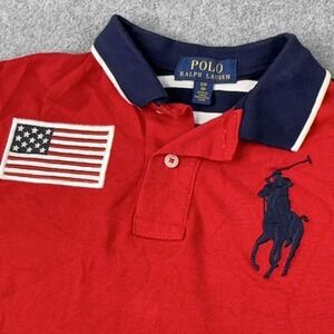 Polo Ralph‎ Lauren Polo Shirt Boys Size 8 Red Blue White Big Pony Flag Patch USA